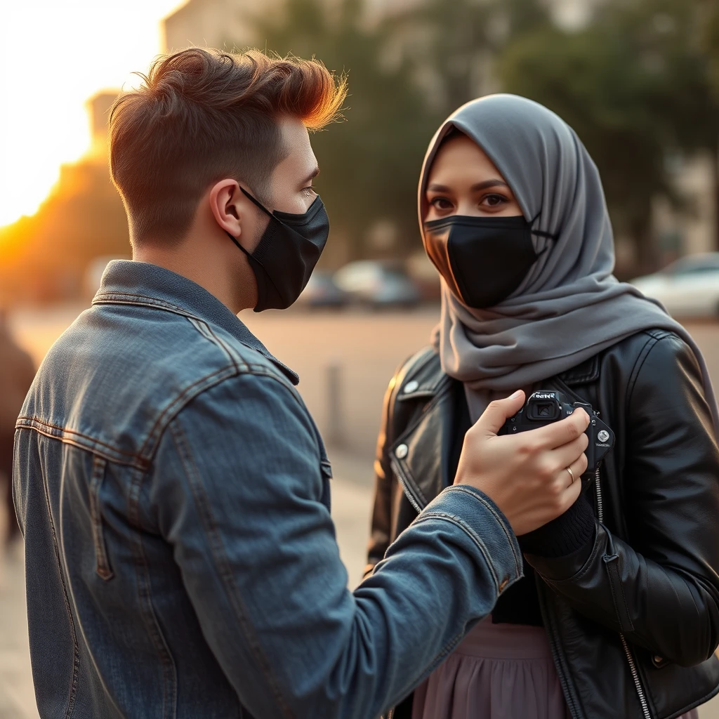 Jamie Dornan's head and body shot, handsome, black face mask, denim jacket, jeans, dating, love couple, with the biggest grey hijab Muslim girl, black face mask, beautiful eyes, black leather jacket, biggest skirt, taking picture, DSLR Canon camera, sunset, hyper-realistic, street photography. - Image