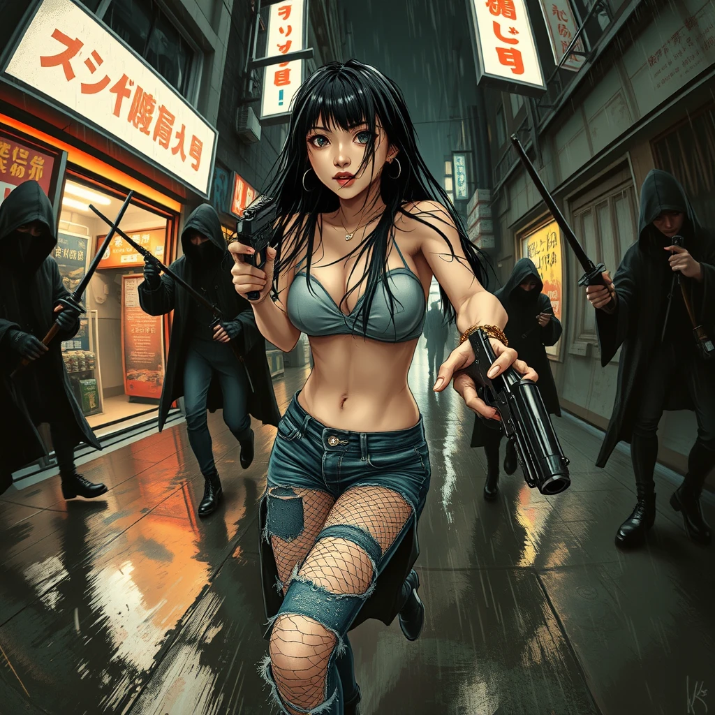 Dark grungy brush strokes depict a sexy, alluring cyberpunk Japanese female with long straight black hair, sprinting desperately down a dark dystopian urban alleyway, being chased by menacing cyberpunk assassins wielding katanas in futuristic hooded cloaks, just about to reach her. She holds a revolver in her right hand, dressed in ripped jeans and ripped fishnet leggings, and is turned slightly toward her pursuers. The scene is enhanced with bokeh, depth of field, and rain creating wet surfaces along with her wet hair. Cybernetic implants add to her character. The imagery employs a fisheye lens with a high field of view, showcasing a grunge graffiti art style alongside Japanese shop signs and neon lights, all highlighted with realistic lighting. The overall atmosphere is dark and gloomy, featuring a manhwa art style with realistic reflections, high quality, 8k resolution, and a close-up camera shot, capturing realistic hands and a realistic pistol. - Image