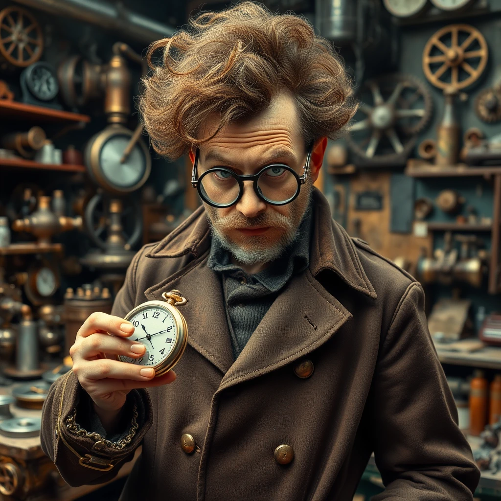 A brilliant, if somewhat disheveled, scientist with a wild shock of curly brown hair and a pair of thick, round spectacles perched on the end of his nose. His worn, leather-bound coat is adorned with brass buttons and a magnificent, gleaming silver pocket watch, which he consults with an air of importance. In the background, a cluttered workshop bursts with steam-powered contraptions, gears, and half-finished projects, as if the inventor's very mind had spilled out onto the workbench.