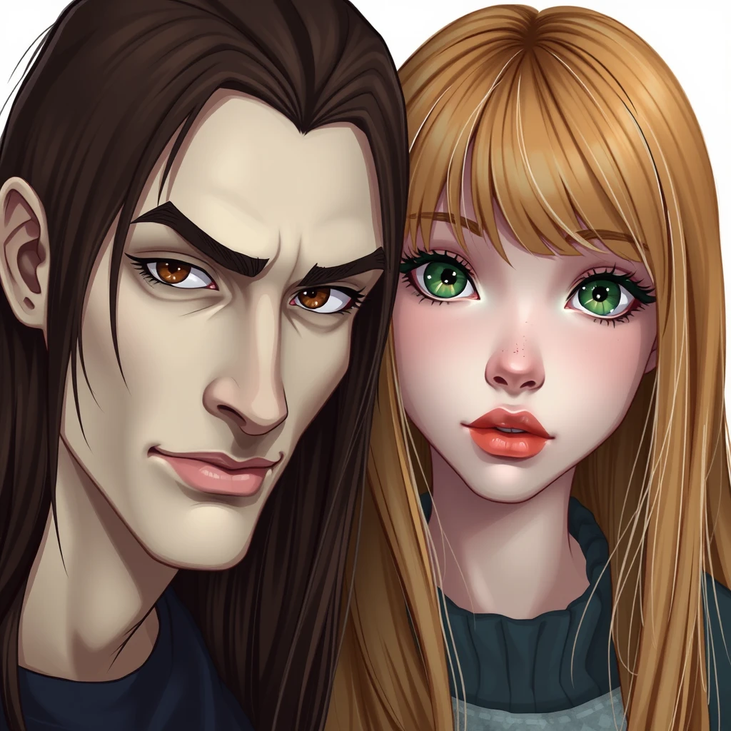 Skinny guy, long dark brown hair parted in the middle, sharp facial features, smirk, pale skin, light brown eyes, thick eyebrows, long eyelashes next to a cute white ginger girl, small nose, pink lips, green eyes, long bangs hair, hyperrealistic style. - Image