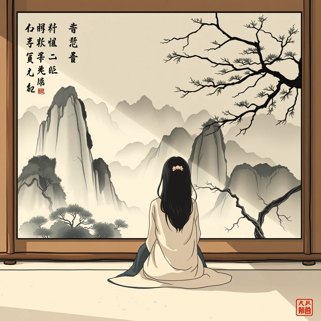 Sitting in front of the Chinese landscape ink painting, anime.