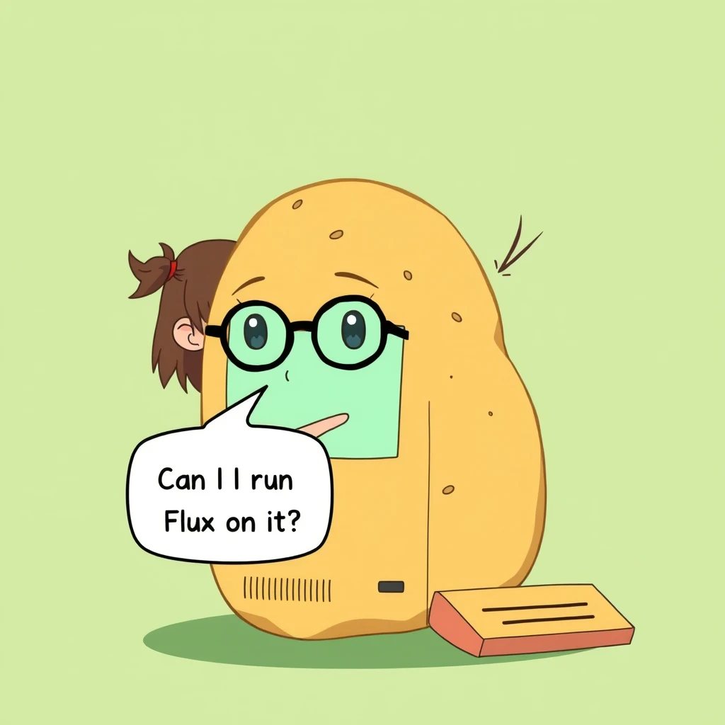 potato pc, computer made of potato, anime girl in glasses pointing to it and asking "Can I run Flux on it?" in speech bubble - Image