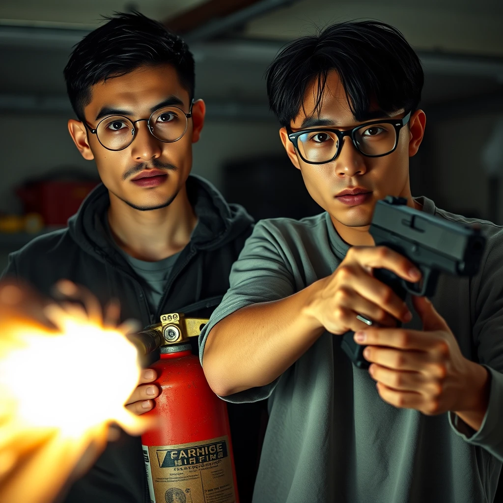 21-year-old very light-skinned Italian man, wearing round glasses, black short hair, holding a very large fire extinguisher flamethrower. And 21-year-old northern Chinese man, with a thin, long face, wearing square glasses, mid/long fringe black hair, holding a Glock. Both angry; murderous intent, garage setting.