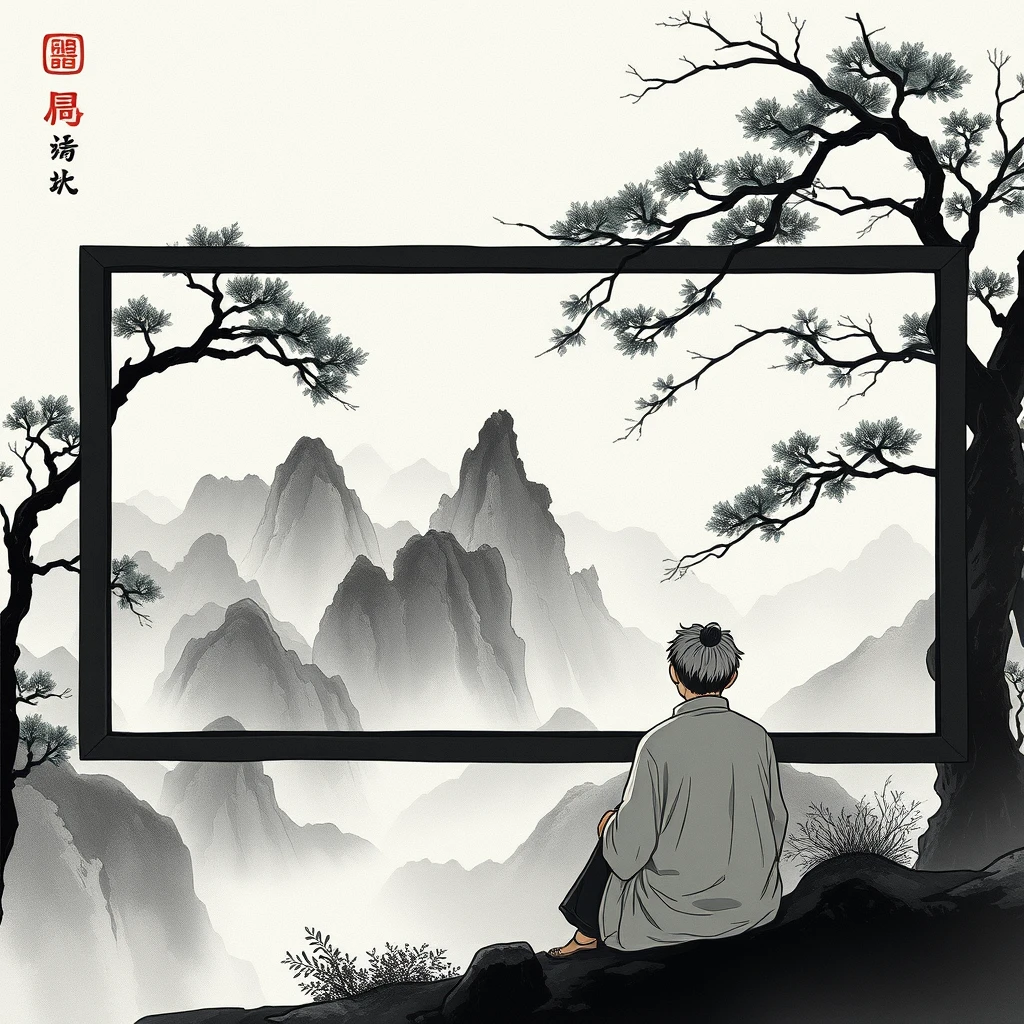 Sitting in front of the Chinese landscape ink painting, anime. - Image