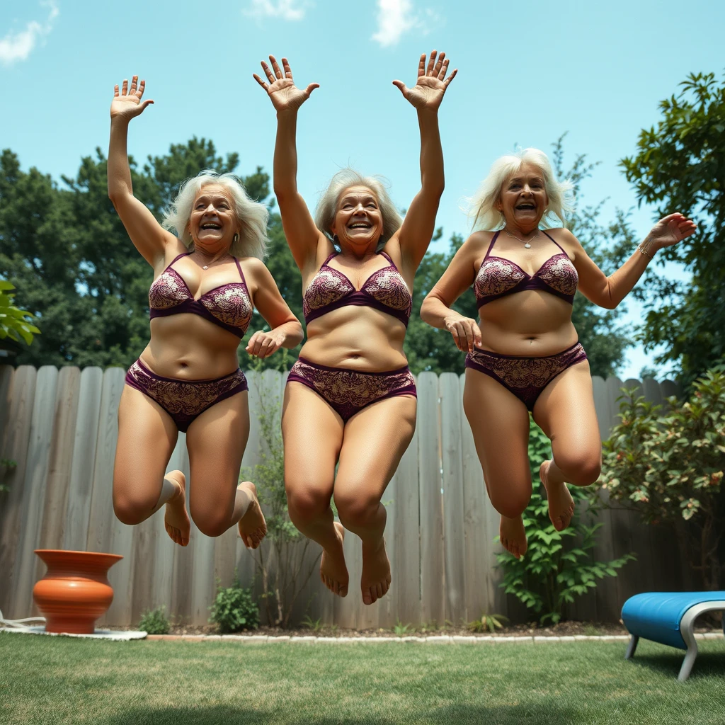 Three busty old women in lace bikinis are in the backyard; the view is from below as they jump in the air. - Image