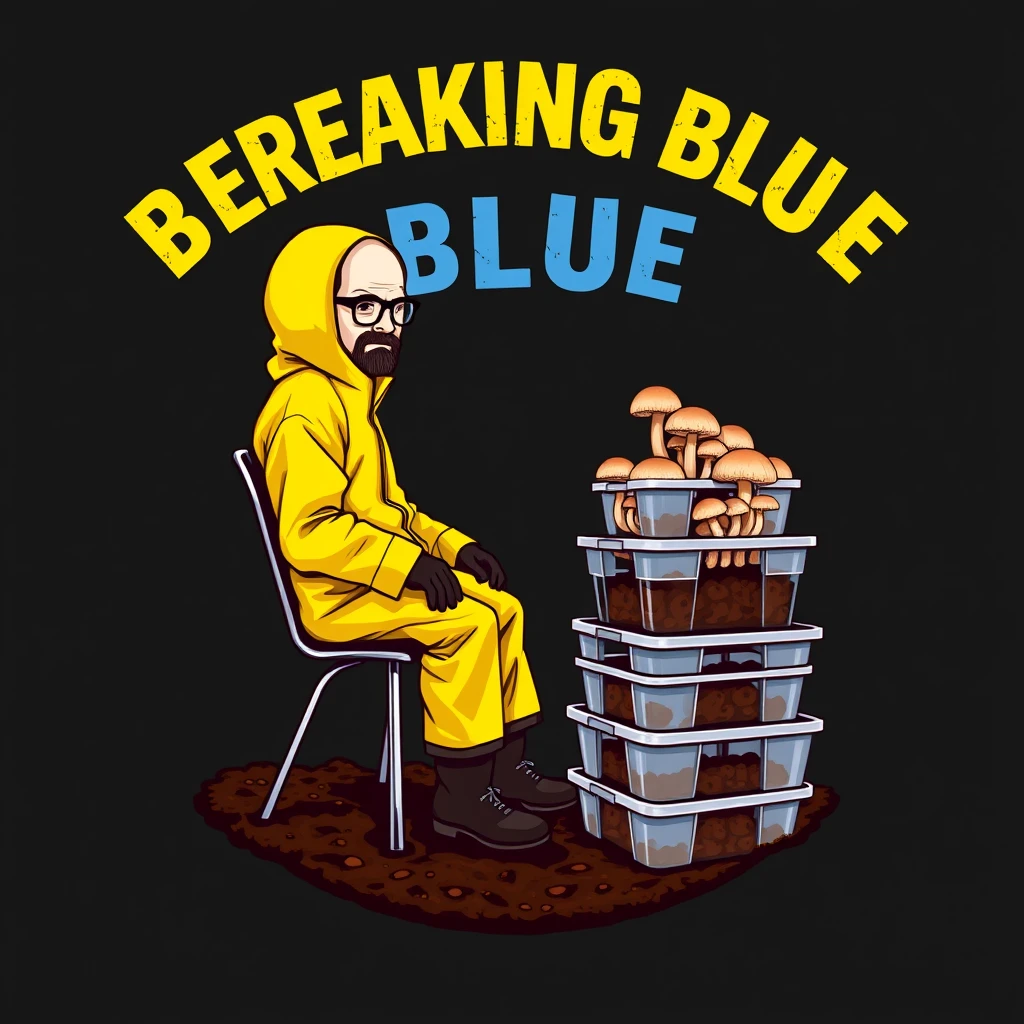 Create a realistic logo featuring a title in large painted typography saying "BREAKING BLUE." In the logo, a realistic brown cap white stem mushroom character wearing a yellow hazmat suit is sitting on a metal chair, facing forward. The character has dark rimmed glasses. Stacked clear rectangular plastic totes are full of brown cap white stem mushrooms growing from brown soil. There is a circular border, parodying Breaking Bad.