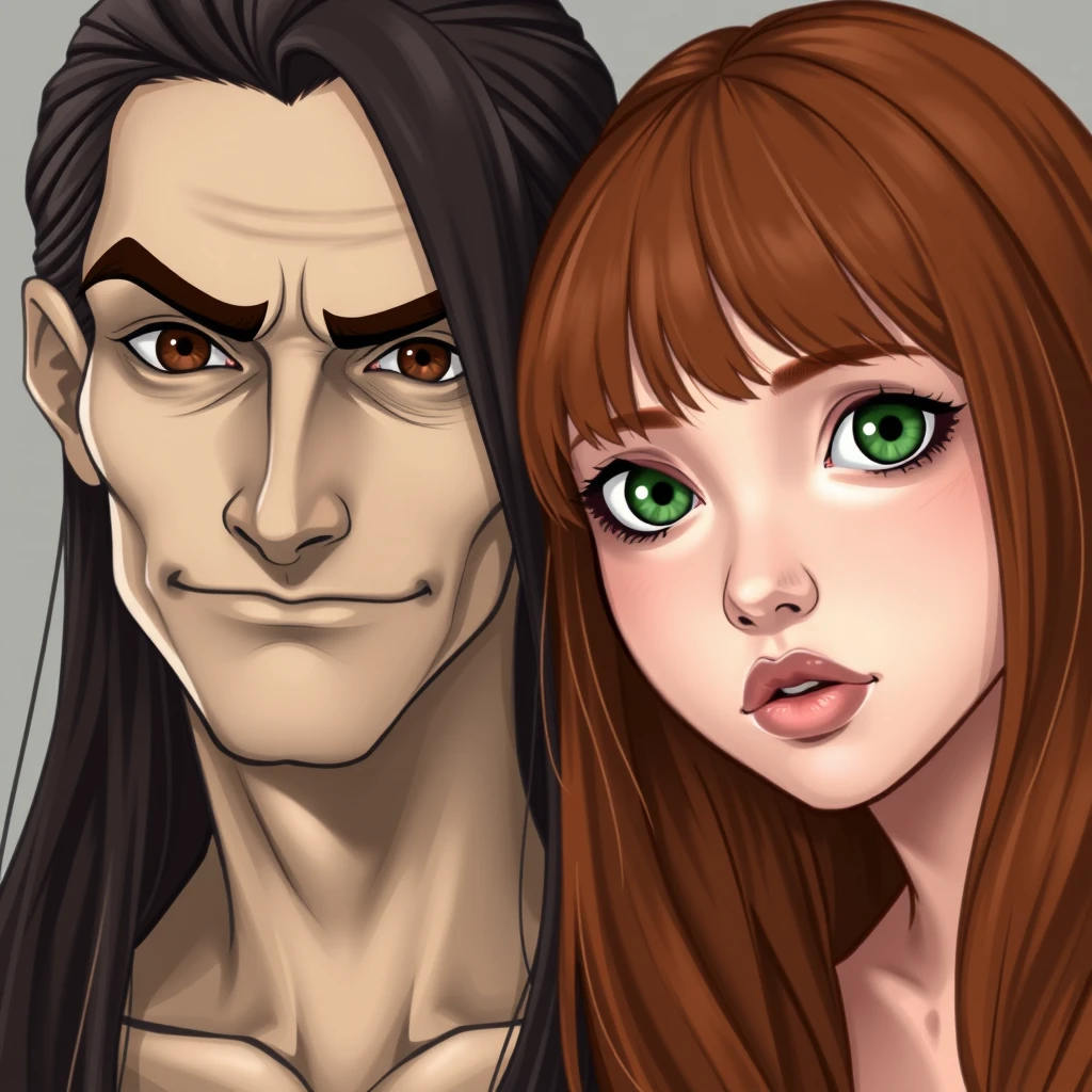 Skinny guy, long dark brown hair parted in the middle, sharp facial features, smirk, pale skin, light brown eyes, thick eyebrows, long eyelashes next to a cute white ginger girl, small nose, pink lips, green eyes, long bangs, realistic style. - Image