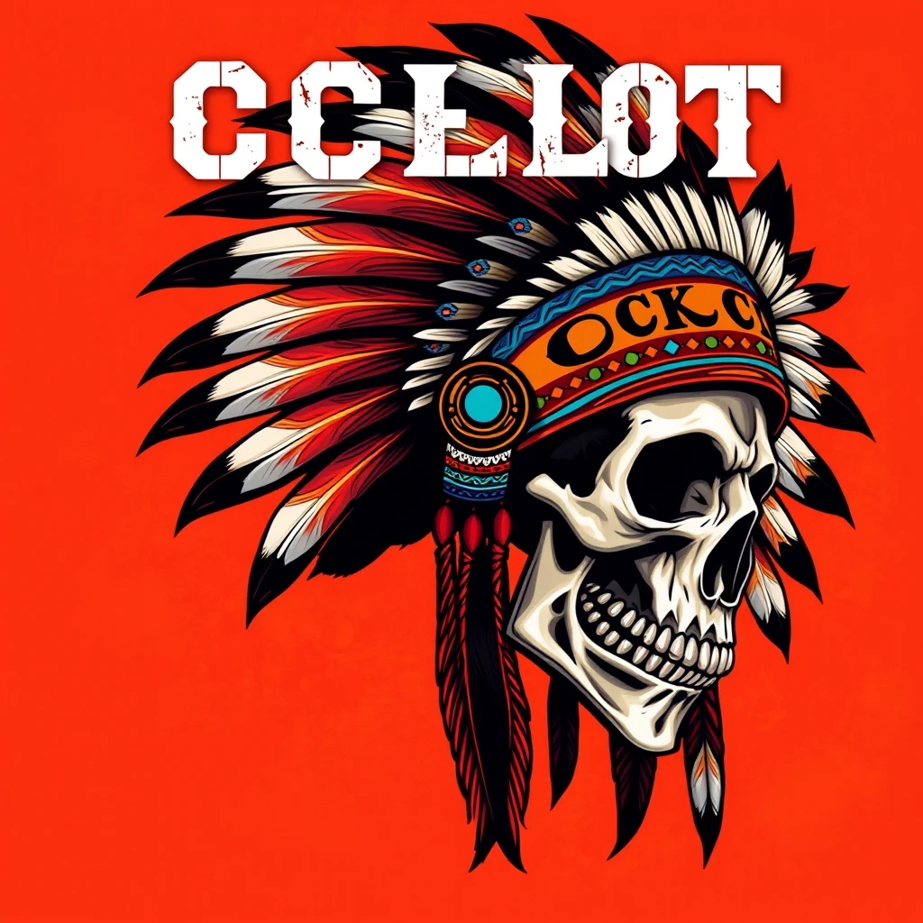 A skull wearing a colorful Native American headdress, with the word "OCELOT" in white letters above. The background is a fiery orange and red. The skull is facing to the right, with a fierce expression. The headdress is detailed and intricate, with feathers, beads, and other ornaments. The image is rendered in a bold and graphic style. [Digital art, illustration], [Inspired by traditional Native American art and tattoo art], [High contrast, bold colors, detailed rendering, grunge texture]