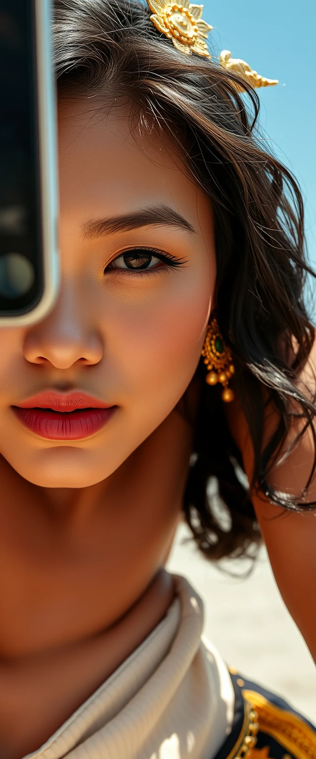 Selfie of a super muscular close-up lower body view of a Latino Japanese woman wearing gold ornaments and cloth.