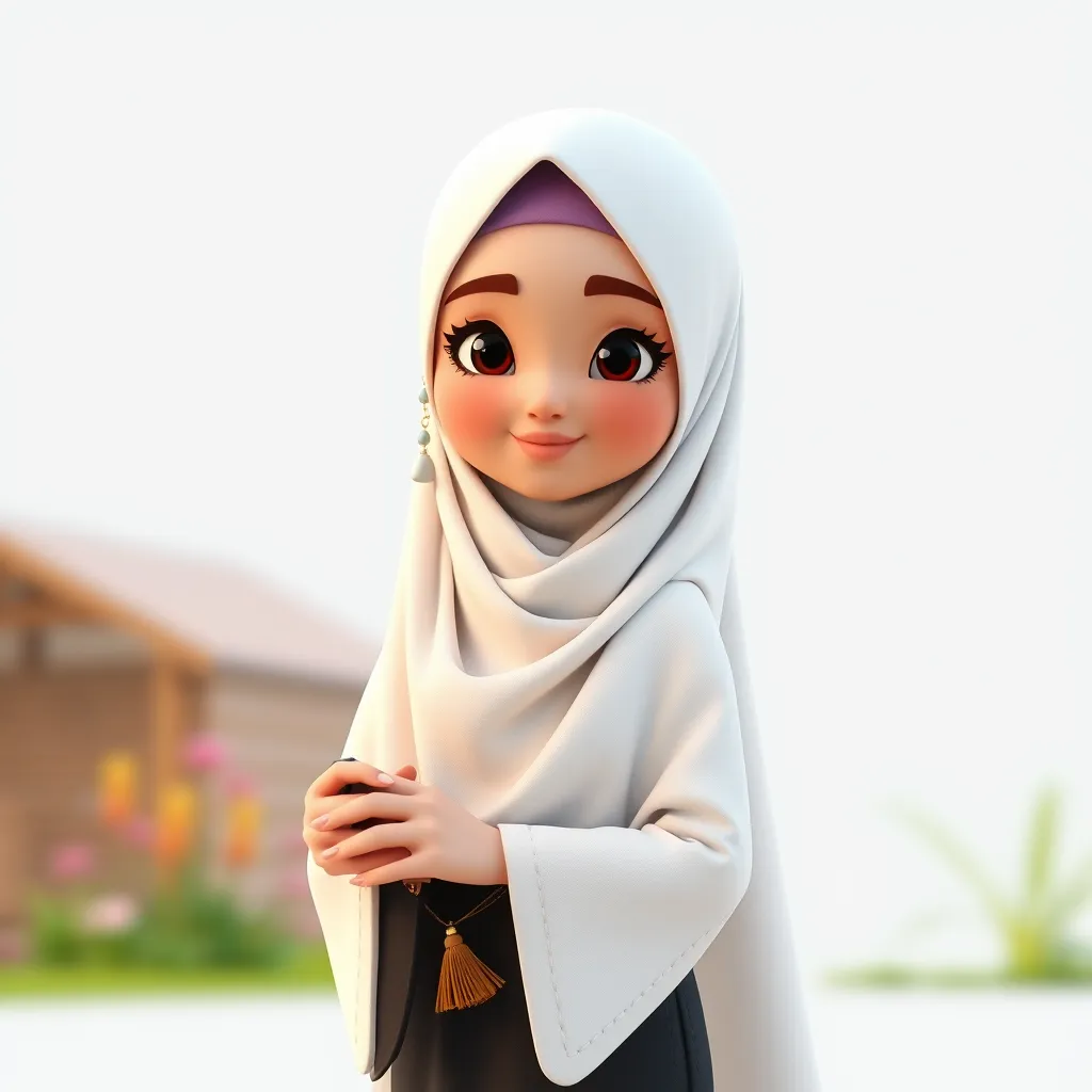 "Create a 3D animated cartoon of a Muslim woman from Palembang wearing a long white gamis. The character should be highly detailed with 8K resolution. Focus on traditional Palembang features and cultural elements."