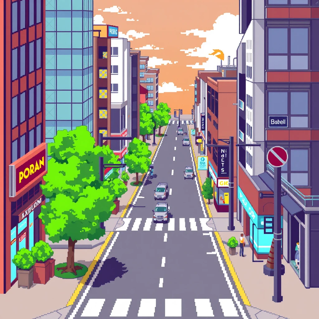 Urban streets, commercial streets, roads, pixel art, 2-bit