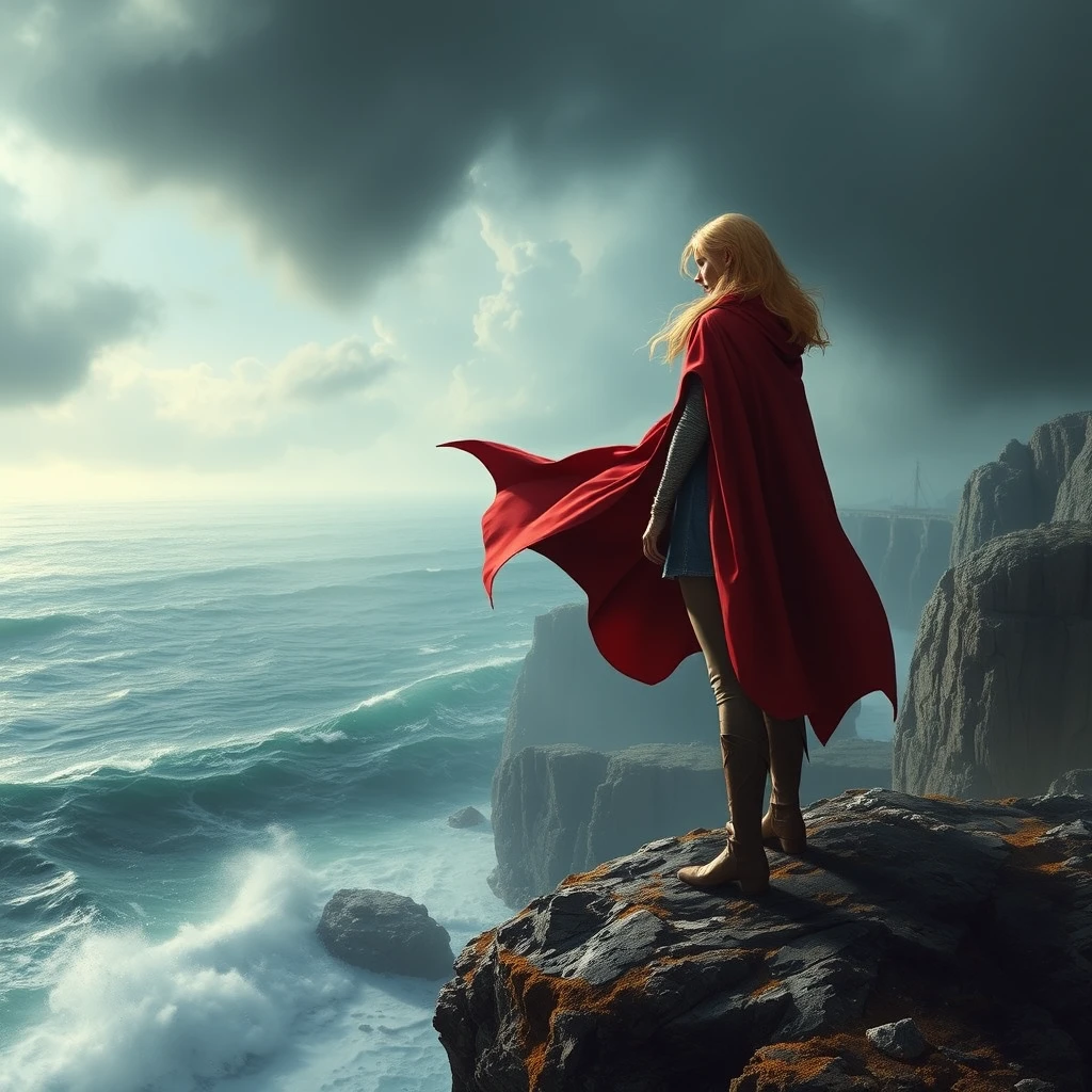 Photorealistic: Fantasy heroine with a red cape standing on the cliff over a stormy sea.