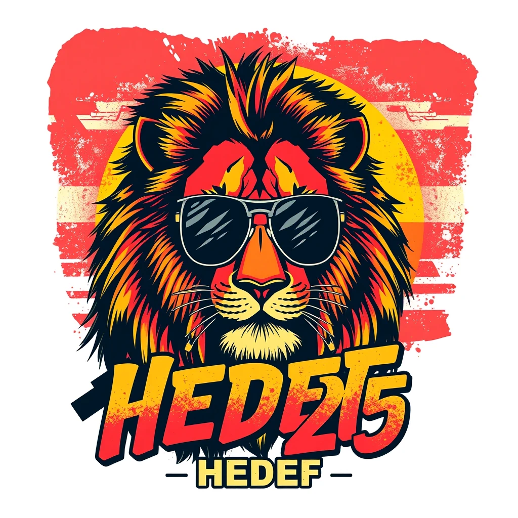 Vector t-shirt design vintage retro sunset distressed red and yellow style design, a cool hunter lion wearing sunglasses, with text “HEDEF 25”, typography, graffiti, 3d render, 4k, vibrant.