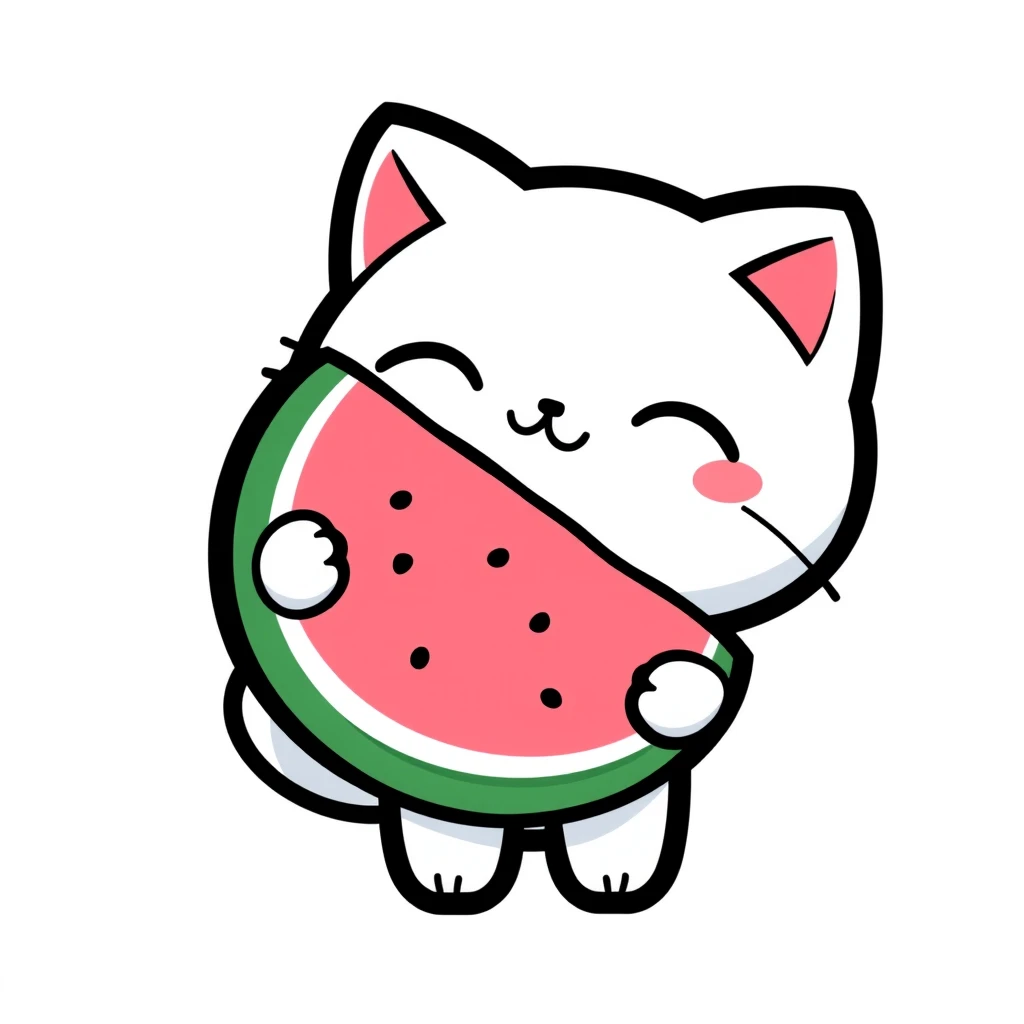 Sticker of the cute chibi white cat holding a watermelon in pink and blue colors, cartoon style, simple line art in the style of a Pixar character, white background, pastel colors, black outline, sticker design, simple shapes, simple lines in the kawaii style, solid thick outlines with clear contrast in a flat black background.