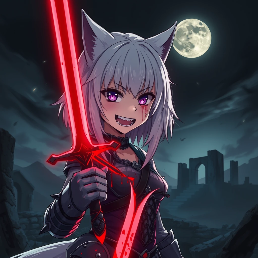 Anime girl with fangs and medium-length white hair, wolf ears, and a tail, featuring purple eyes and an evil grin, with blood on her face, holding a sword in her right hand. The sword is glowing light red and covered in blood. The girl is wearing armor, and old ruins can be seen in the background. It is dark and foggy, and in the sky, there is a full moon. Dramatic, dynamic, cinematic. - Image