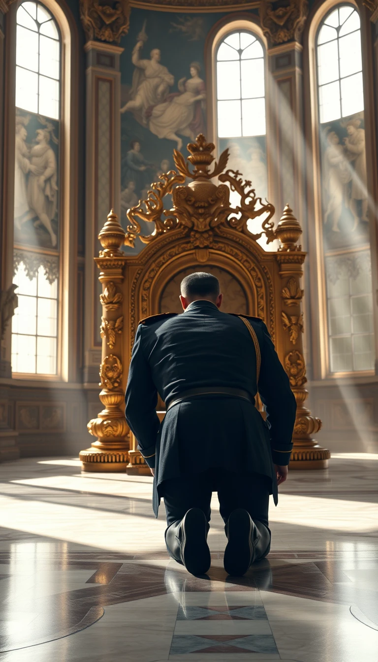 Main Character: A handsome and muscular king in a British royal military uniform, his back to the viewer, is on all fours, head bowed to the ground, trembling, in front of a massive gold throne. He appears to be in his late 30s, with short, neatly combed dark hair and a strong jawline. The uniform is impeccably tailored, adorned with medals and gold braid, highlighting his broad shoulders and powerful build.  
Background: The scene takes place in a grand, opulent throne room of a European palace, likely from the late 19th century. The towering walls are adorned with intricate carvings and tapestries depicting scenes of historical battles and royal ceremonies. Sunlight streams through tall, arched windows, casting long, dramatic shadows across the polished marble floor. The massive golden throne, intricately carved with mythical creatures and symbols of power, dominates the room, gleaming in the light.  
Supporting Characters: None  
Visual Style: The scene should be captured in a hyperrealistic, professional film photography style, emphasizing the dramatic lighting and the rich details of the environment and the king's uniform. The color palette should be rich and saturated, with a focus on golds, reds, and deep blues. The composition should create a sense of awe and power, highlighting the grandeur of the throne room and the king's submission. The image should evoke a sense of drama and tension, leaving the viewer to question the events leading to this powerful moment.