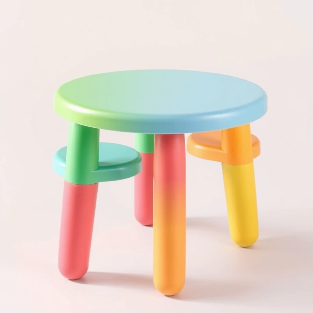 Digital image of a playful and soft padded multicolor table, small table, soft colors.