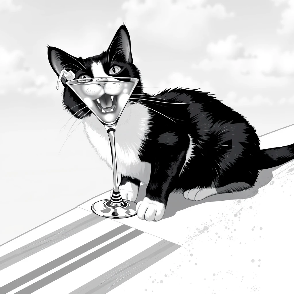 Black and white cat on a surfboard drinking a martini.