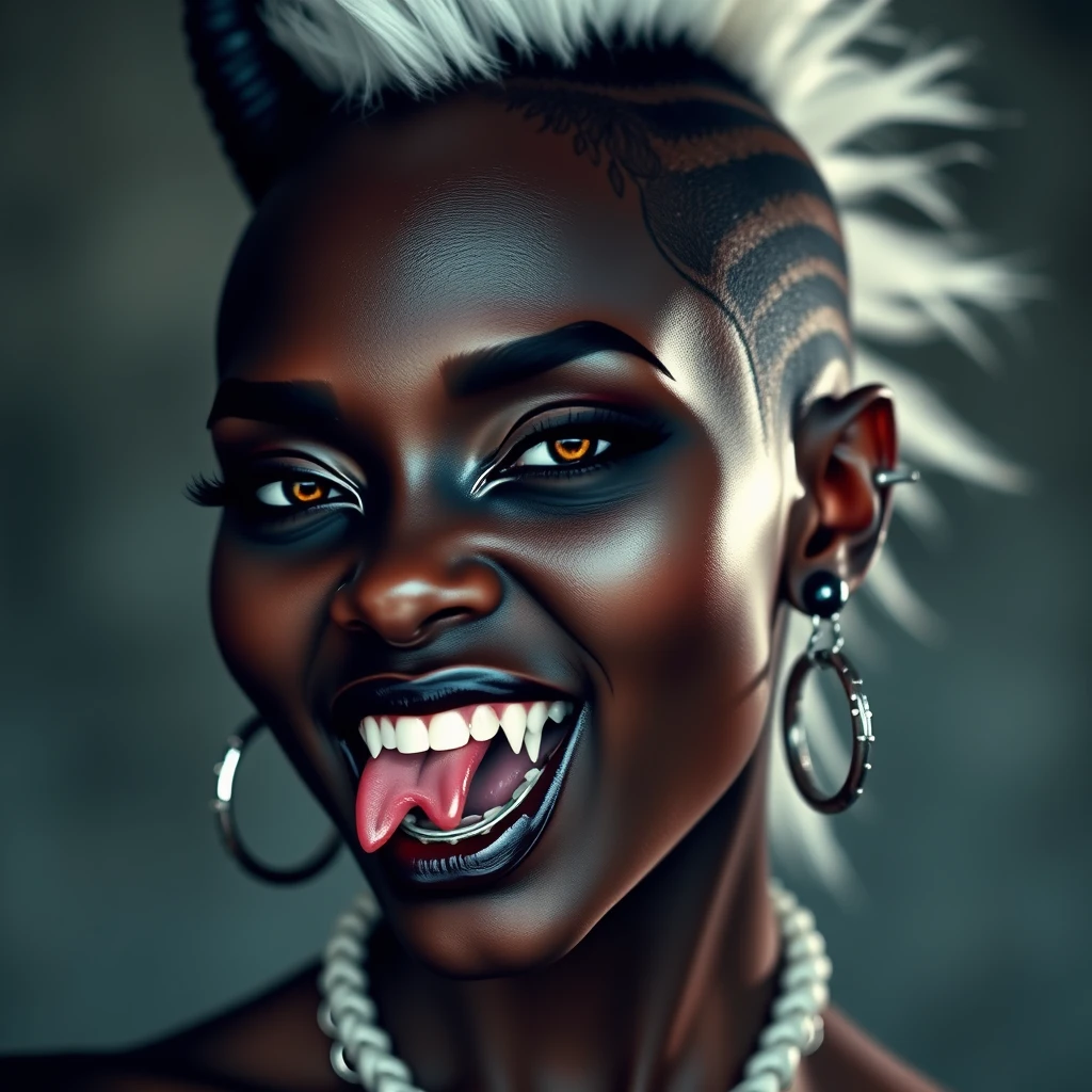 Beautiful black woman, fangs, split tongue, nose ring, side shave, shaved head, white Mohawk, nose rings, earrings, piercings, head tattoo, tattoos, demon, vampire.