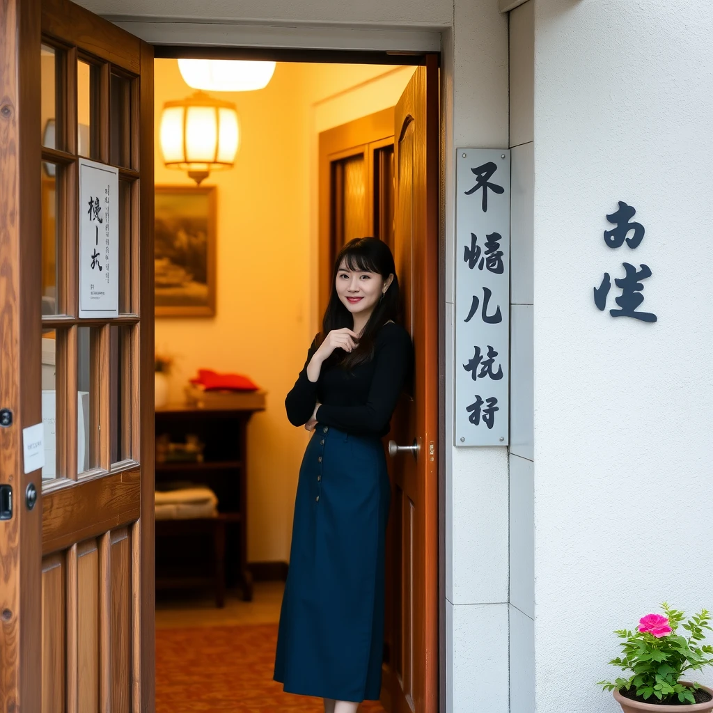 A beautiful woman is standing at the doorway of a house, with Chinese characters or Japanese.