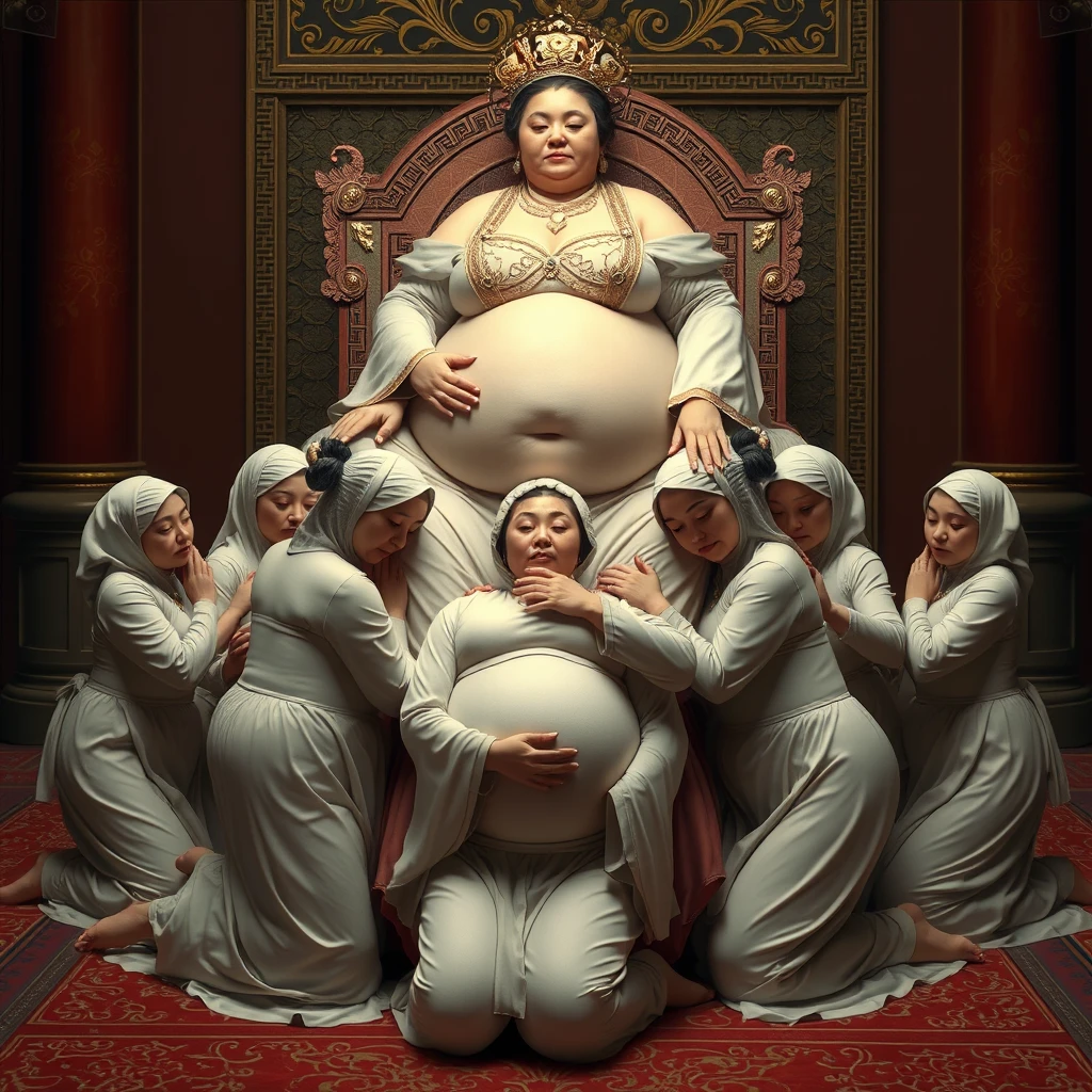 A group of palace maids kneels, using their large breasts and bodies to form a human throne, while the plump empress sits on top, resting. - Image