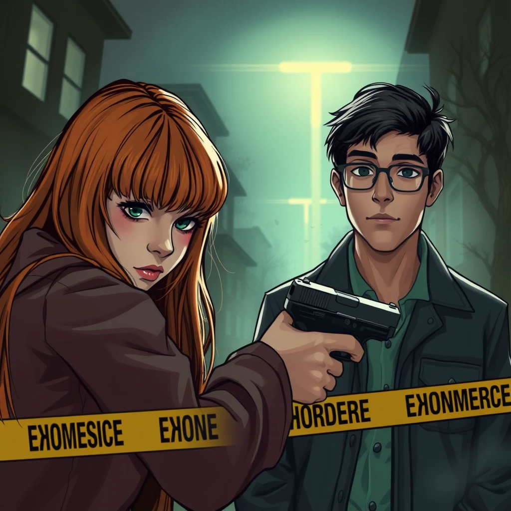 A murder scene; a petite skinny teenage girl with long ginger hair and bangs, green eyes, shooting a young skinny tall Italian man who is wearing glasses. - Image