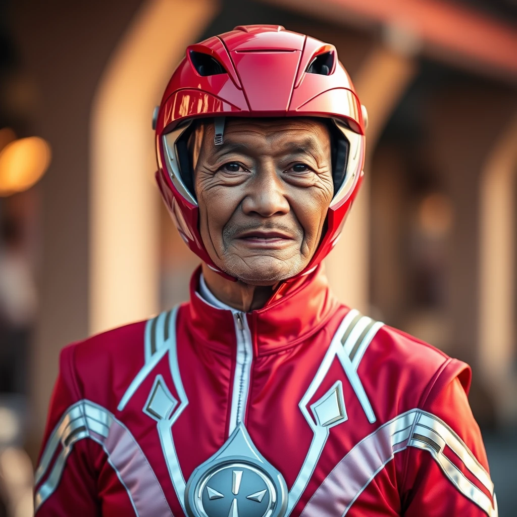 An old Malay man wearing a red Power Ranger suit, with intricate detail, bokeh, during the golden hour.