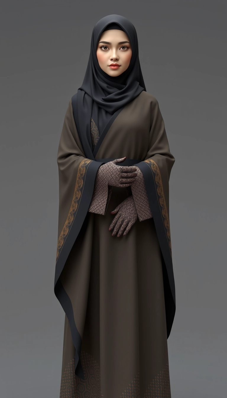 A 3D, 8k depiction of a Muslim woman from Palembang, wearing a traditional long songket and a long gown (gamis). She is adorned with a hijab that covers her chest and wears batik gloves covering her hands. - Image