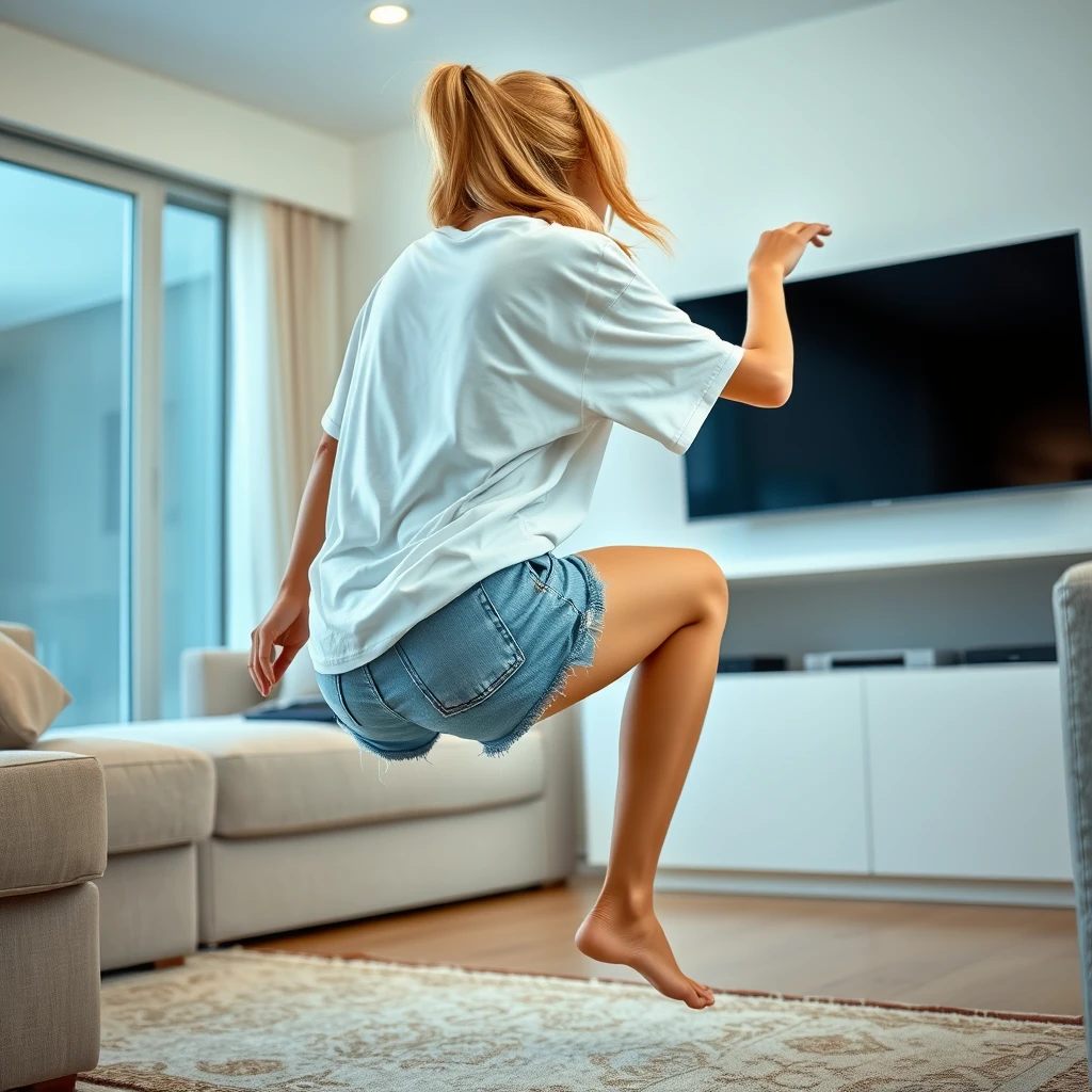 Side view angle of a blonde skinny woman who is in her massive living room wearing a massively oversized white t-shirt which is also very off balance on one of the sleeves for the shoulders and wearing oversized light blue denim shorts. She is wearing no shoes or socks and she faces her TV. She dives headfirst into it, half-tilted, and she is already halfway through the TV screen.