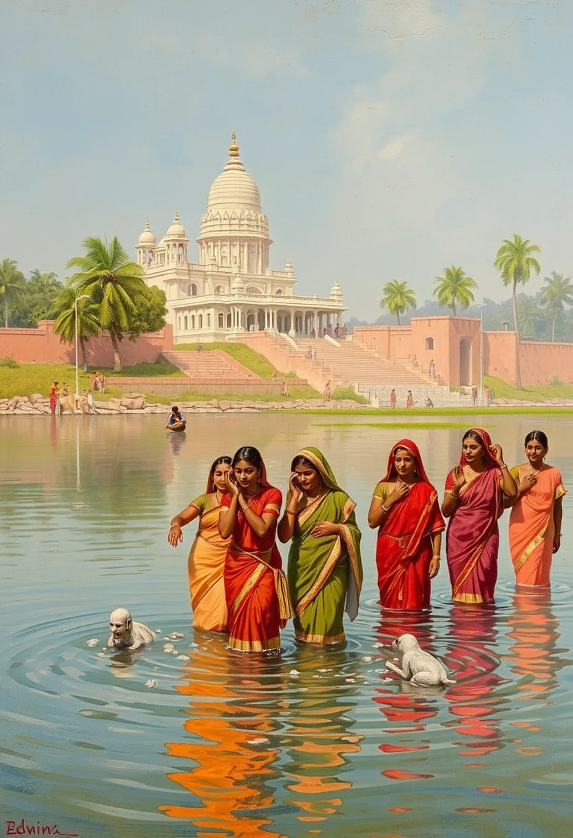 Group of Indian women bathing in river with a temple in background, Art by Edwin Lord Weeks. - Image