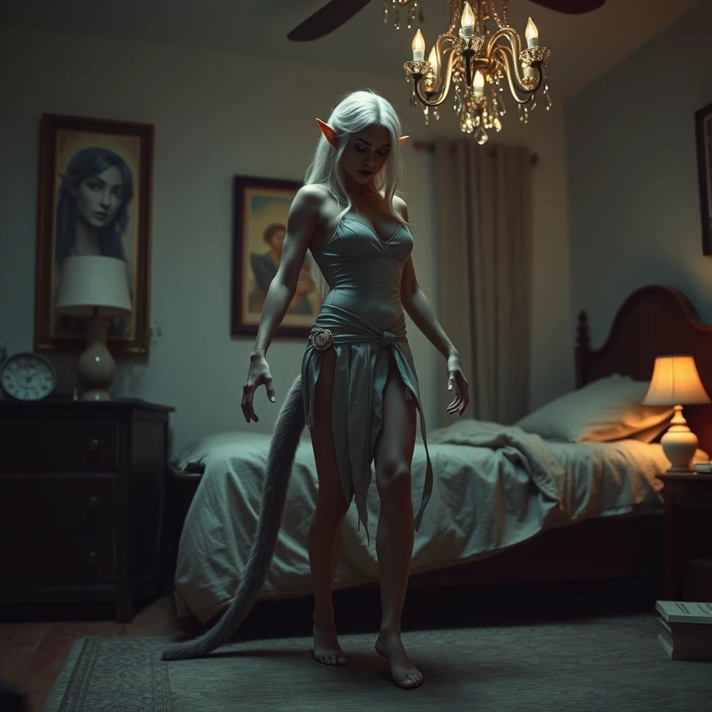 Location in a bedroom. Full body shot of a female elf turning into a werewolf.