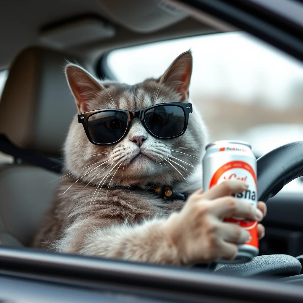 The cat is sitting behind the wheel and holding a can of beer in his hand. And sometimes drinking it. It's a Russian cat. He is a grey cat. His name is Pasha. He has an evil face. He is wearing big black sunglasses.