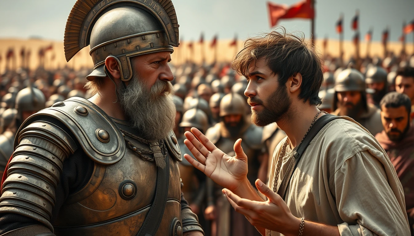 Create an image of two men arguing while onlookers crowd around. The man on the right is a young man with messy unkempt hair and a short beard and is wearing just a simple biblical-era shepherd’s tunic. The young man's face looks troubled, and he is looking intently into the eyes of the man he is arguing with and is gesturing with his right hand, palm facing skyward, as if he is explaining something to a middle-aged Mesopotamian king, who is wearing a full suit of bronze-age Mesopotamian armor, including a conical helmet with a pointed tip. The armor is made up of layers of laminated strips of bronze. The background shows a blurred crowd of soldiers also wearing armor similar to the king. Standing on the horizon further in the background is a blurred front of a large biblical-era army. - Image