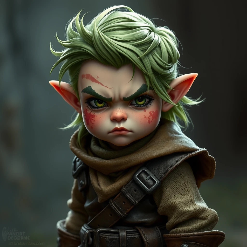 A small green-haired halfling in a leather adventurer's outfit with a bruise on one cheek and a rough and untrustworthy atmosphere.