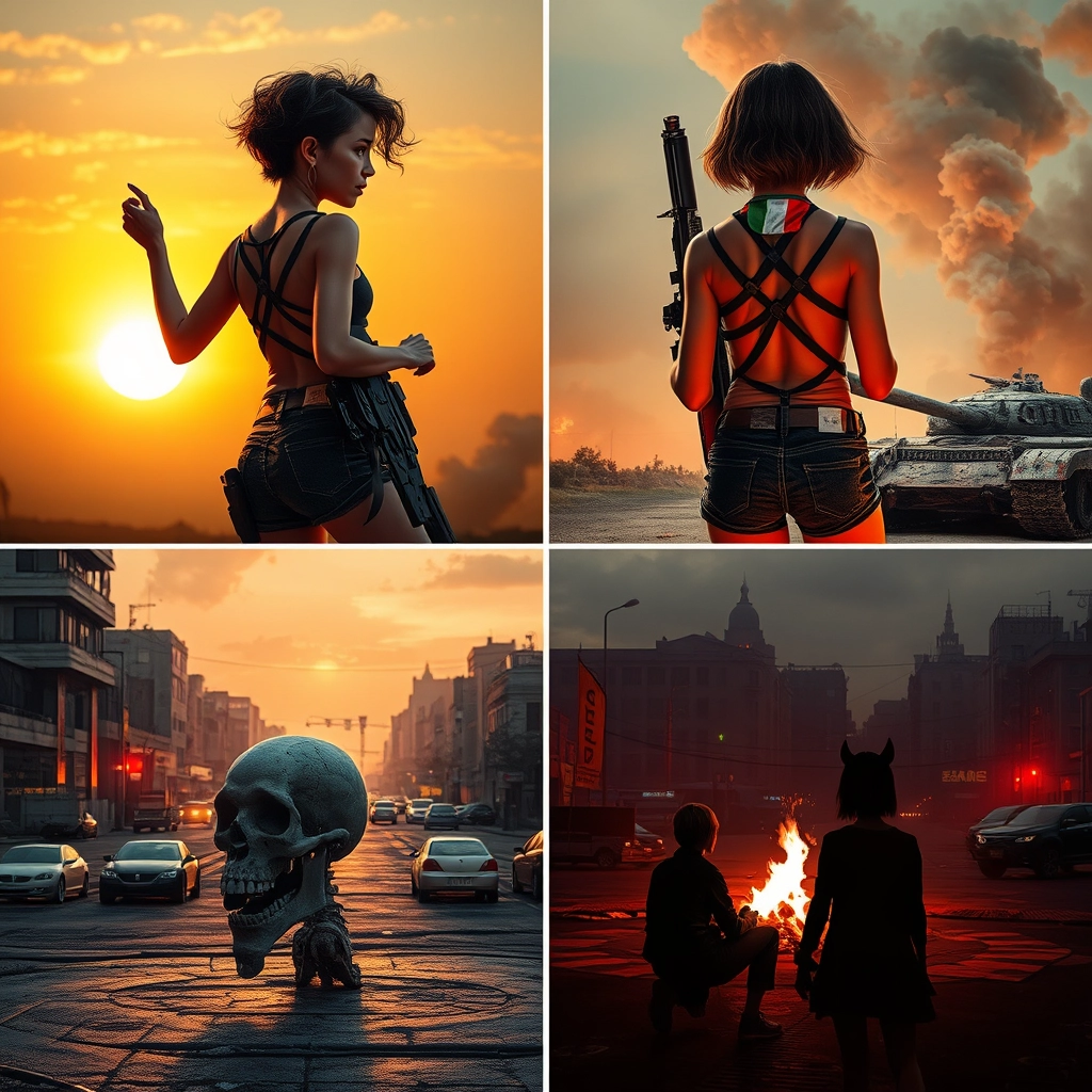 Photorealistic image divided into four panels, from left to right:  
First panel: a young, beautiful woman with short, curly hair, dressed in cyberpunk clothes, dancing against the backdrop of a destroyed city at sunset, with a destroyed and smoking tank on the right side of the image and a human skull on the ground.  
Second panel: the same girl, seen from behind, with a futuristic rifle on her shoulder, walking towards the destroyed city with a big dog at her side. The dog has a collar with the Italian flag printed on it.  
Third panel: the same girl and the same dog, seen from afar, from the front, entering a city square. In the city, there are destroyed cars, and in the center is the gigantic skull of an alien.  
Fourth panel: the same girl and the same dog, sitting in the center of the same square around a fire at night, with the same rifle between them.