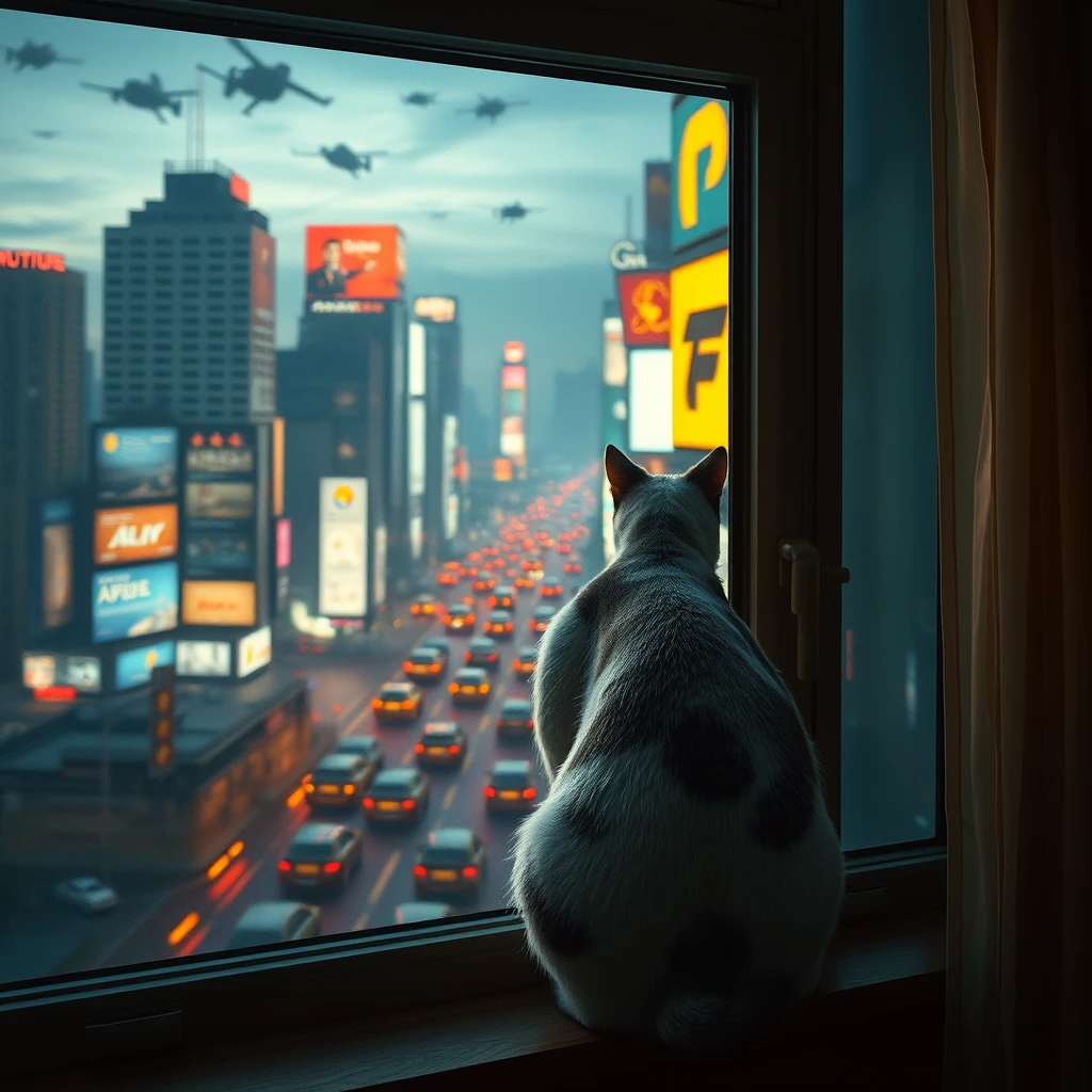 A cyberpunk city room window, a biochemical transformation cat's back sitting in the window, outside the window is the night scene of cyberpunk city, many flying vehicles and colorful billboards. - Image