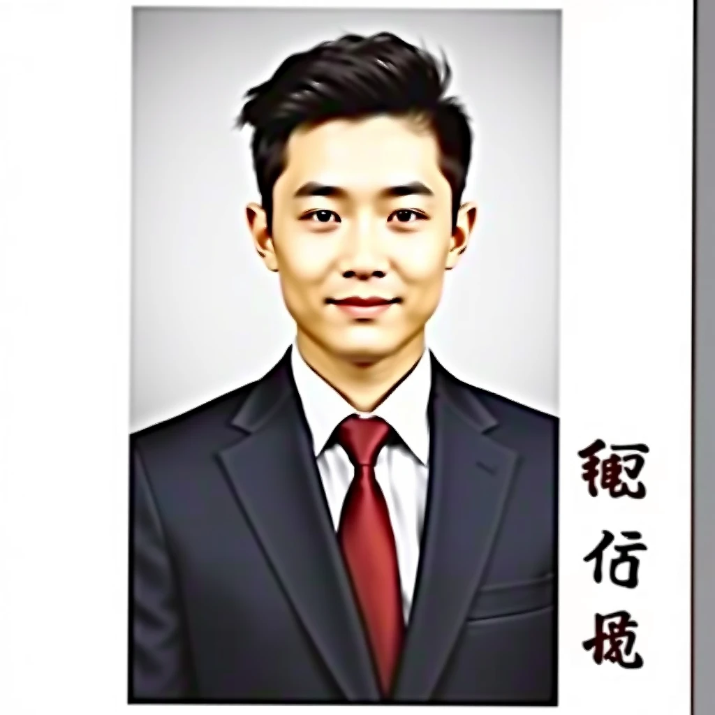 "A formal ID photo of a young handsome man in a suit from China." - Image