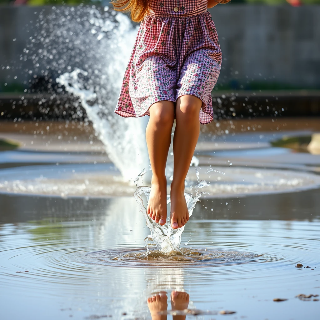 Create a photo: A teenager in a summer dress jumps barefoot into a puddle. The water splashes high.