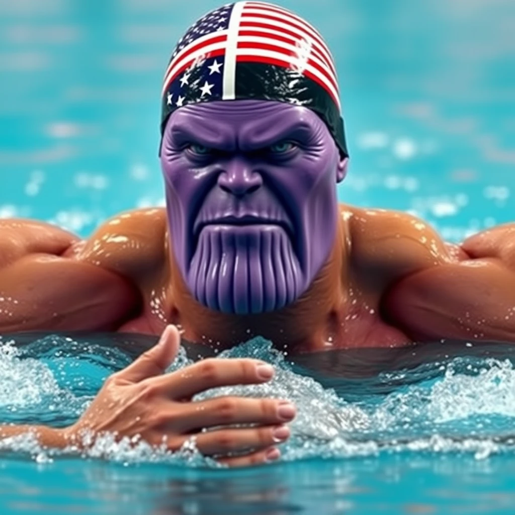 "The only purple-faced Thanos is swimming in a competition, wearing a swim cap with the American flag, in a realistic style, with swimming hand movements."