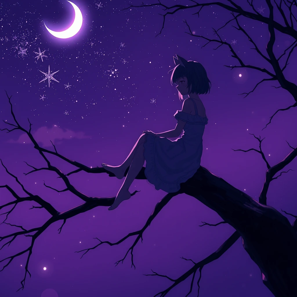 _anime, realistic, detailed background, masterpiece, best quality, 1girl, mixed Korean, Kpop idol, Surreal night scene, silhouette of a cat girl sitting on a tree branch, crescent moon in the sky, purple hues, starry night, dreamlike atmosphere, glowing edges, mystical, high contrast, ethereal light, detailed textures, whimsical, - Image