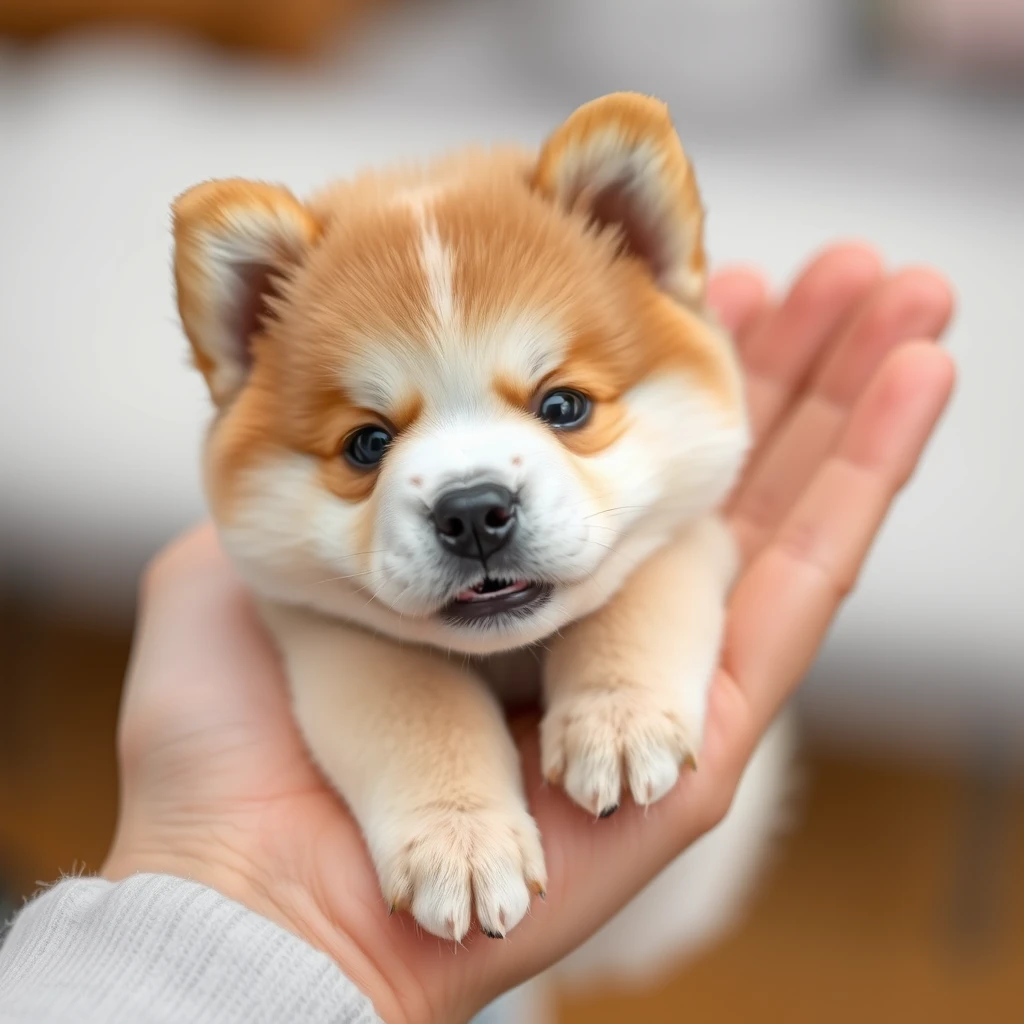 A tiny cute Akita dog in a hand. - Image