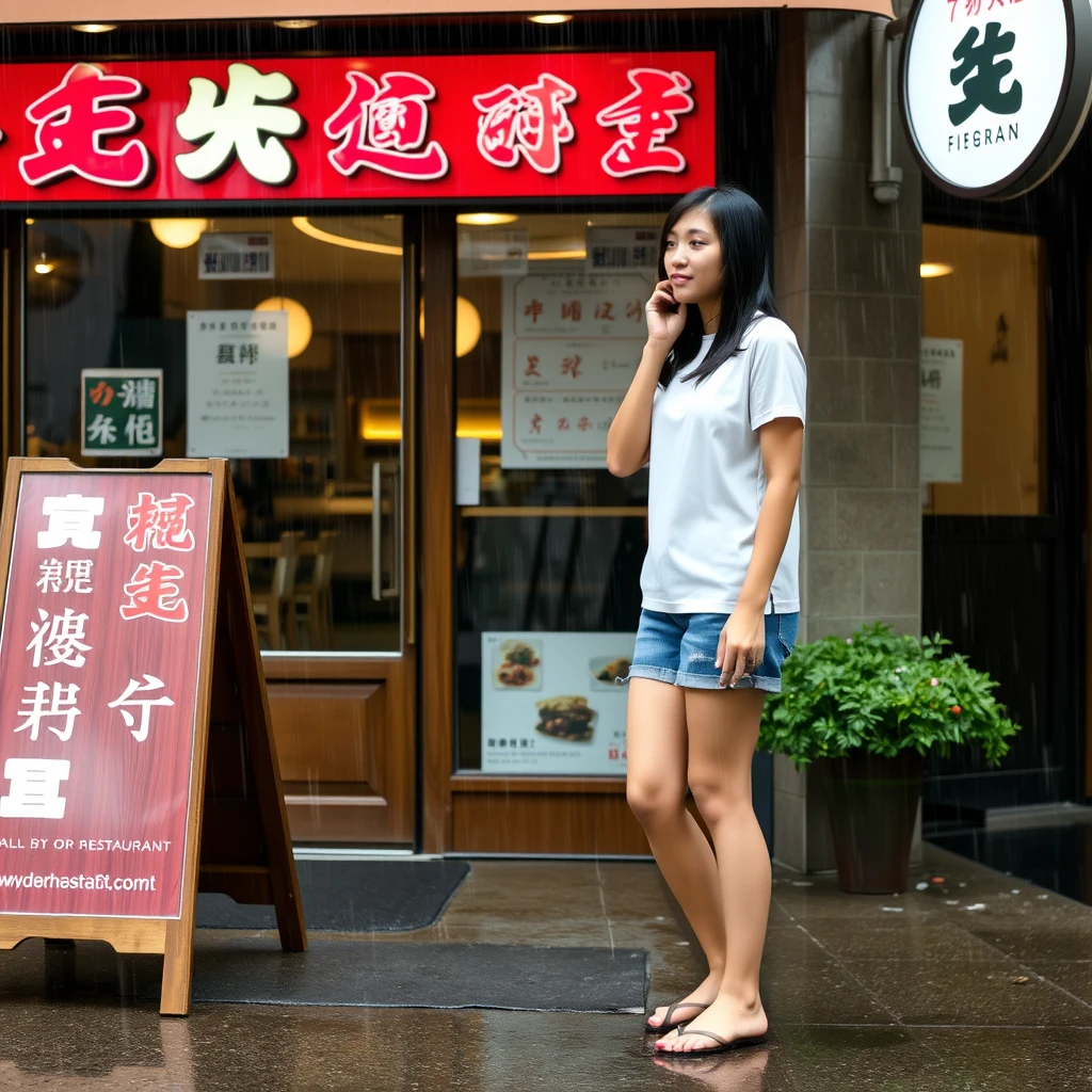 A young woman is outside a restaurant; it is raining, and her shoes are visible. She is getting wet from the rain. There is a sign outside the restaurant, and the words on the sign can be clearly seen, featuring Chinese characters or Japanese.