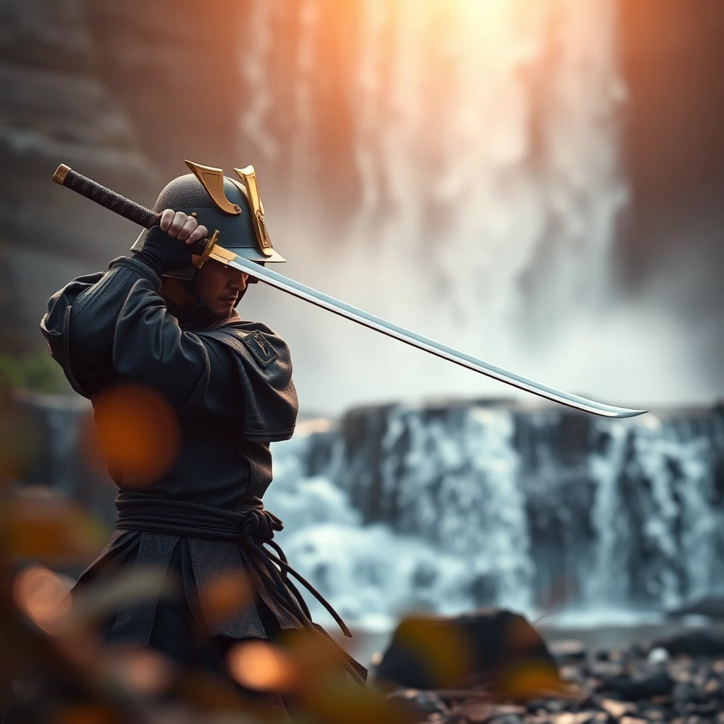 An aggressive samurai swinging his katana, at a waterfall, bokeh, foreground blur, golden hour, intricate detail.