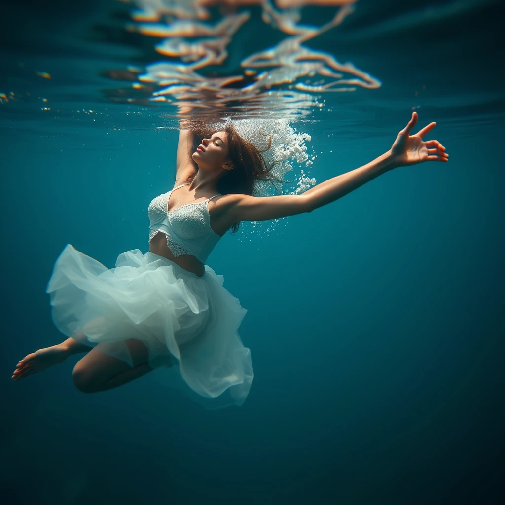 A symbolic photo: A young woman dancing underwater. Life and sensitivity. Perfection. Beauty. Attraction. Supple. - Image