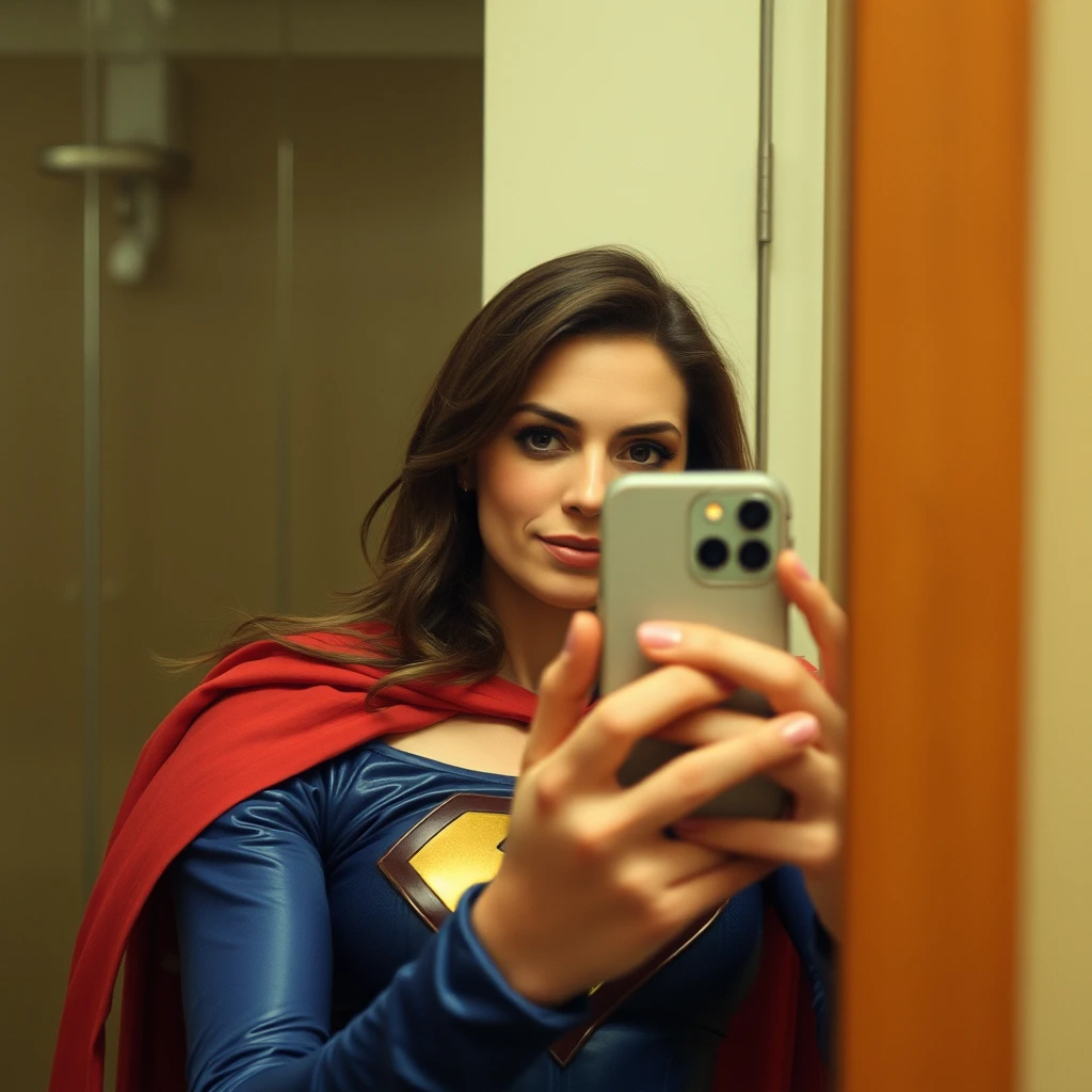 Phone photo: A woman superhero stands in front of a mirror capturing a selfie. The image quality is grainy, with a slight blur softening the details. Her expression is blushing while the old iPhone struggles to focus, giving the photo an authentic, unpolished feel. The mirror shows smudges and fingerprints, adding to the raw, everyday atmosphere of the scene.