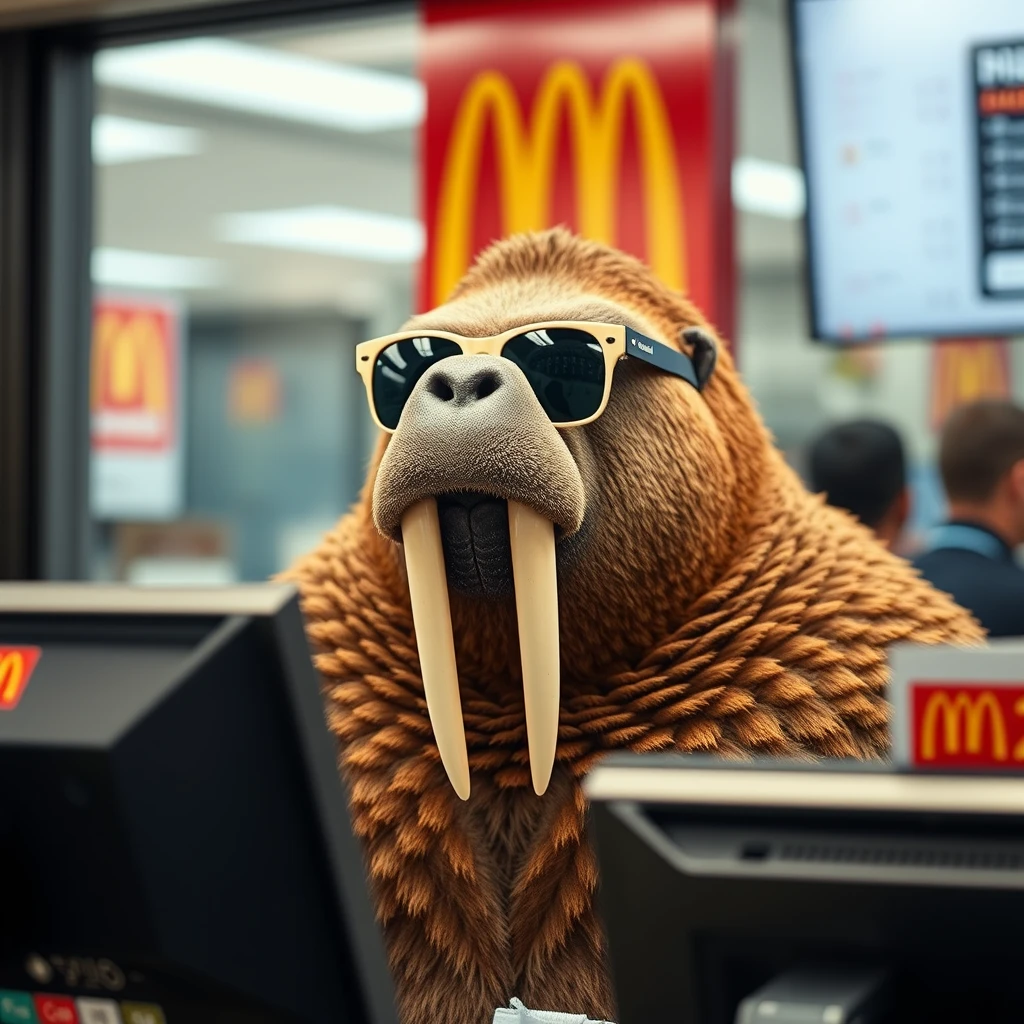 Walrus wearing sunglasses working at the register at McDonald’s.