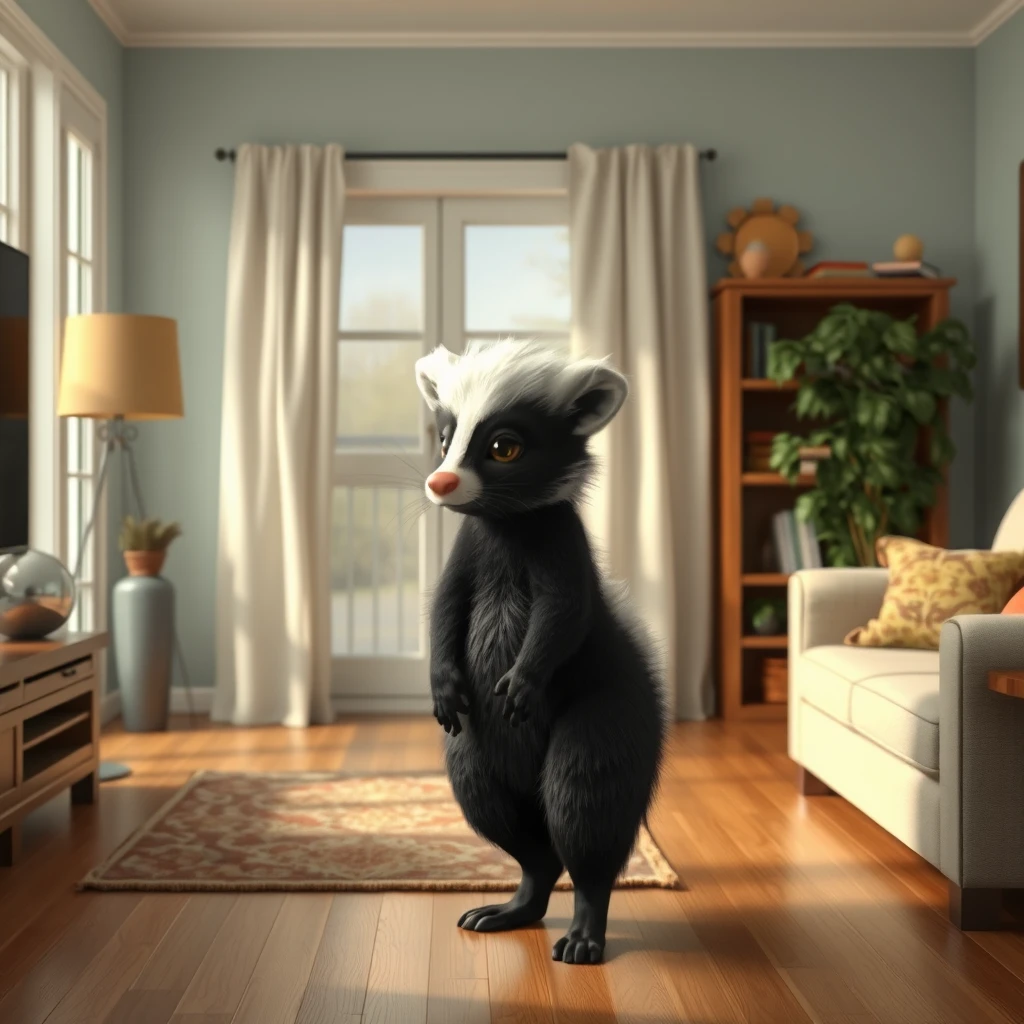 an anthropomorphic female human skunk standing in a living room