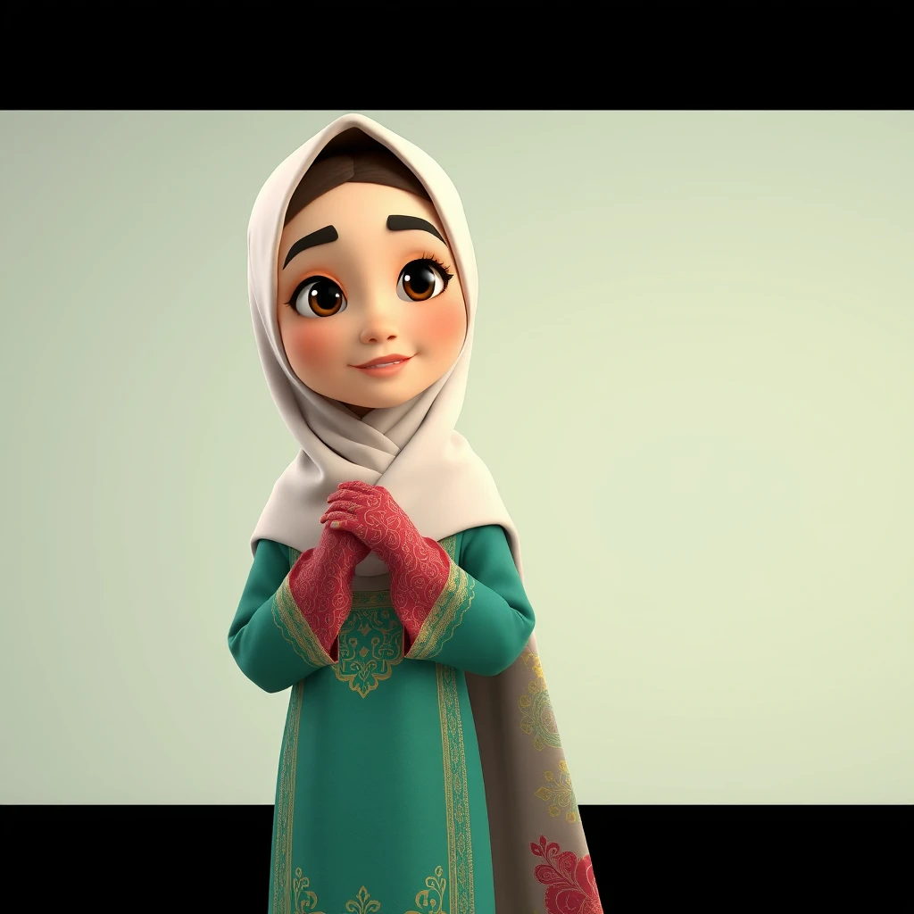 A 3D, 8k animated cartoon depiction of a Muslim woman from Palembang, wearing a traditional long songket and a long gown (gamis). She is adorned with a hijab that covers her chest and wears batik gloves covering her hands.