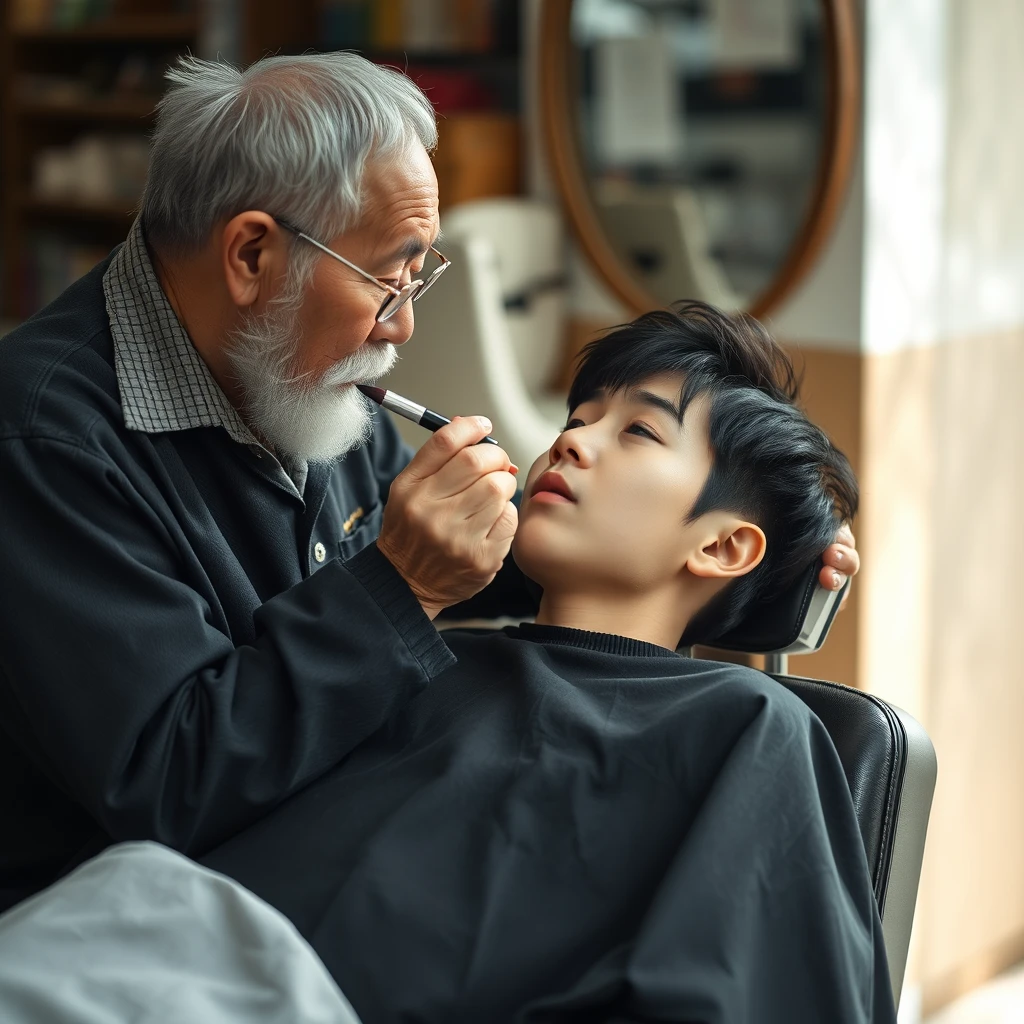 An elderly barber is applying lipstick to a 14-year-old Korean boy with a feminine appearance lying on a barber chair. - Image