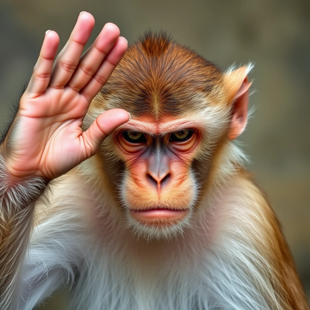 A monkey with a serious expression, making the most formal and standard salute with the angle of 90 degrees between the hand and the head.